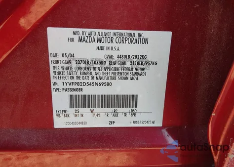 2004 Mazda Mazda6 S z USA, uszkodzony, nr VIN 1YVFP82D545N69580